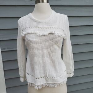 J. Crew White Cotton Open‎ Knit Long-Sleeve Fringe Sweater Style L3537 Size Md